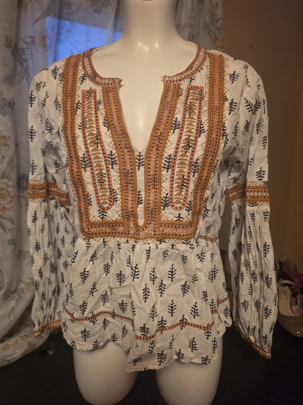 THML White Tunic Top with Rust and Navy Embroidery